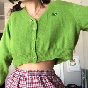UNIF Liv Cropped Cardigan V Neck Button Front Alpaca Blend Sweater Green XS